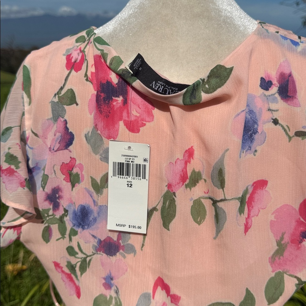 NWT Lauren Ralph Lauren Floral Belted Crinkle Georgette Dress Ruffle Pink 12 - Picture 7 of 8